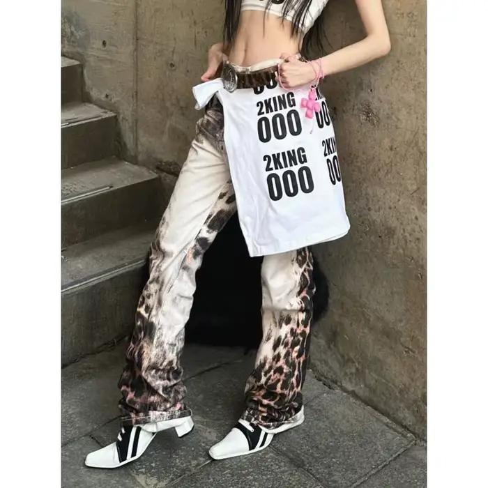 Jean droit imprimé léopard dégradé rétro américain pour femmes Y2K Harajuku mode Niche ample 2025 été décontracté