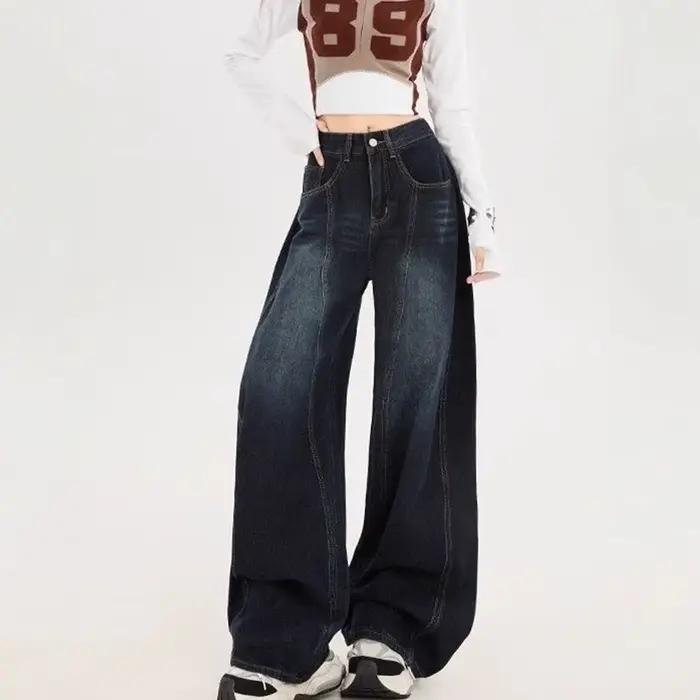 Jean large brodé rétro américain pour femme, coupe ample, denim confortable, style urbain décontracté, longueur au sol, printemps, ajustement lâche, occasionnels et événements informels