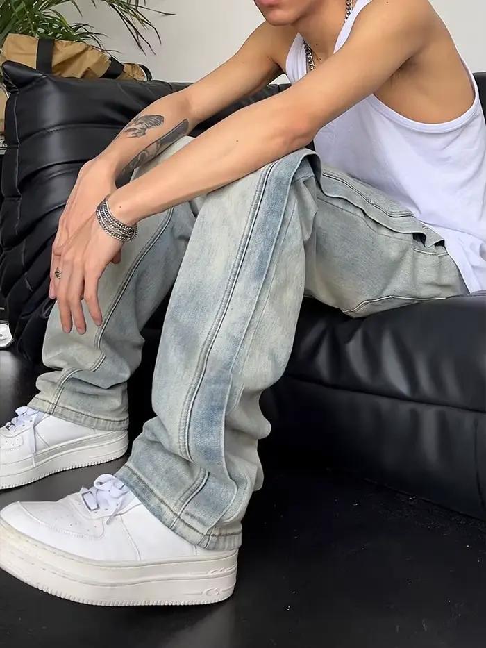 Jean pour hommes ample bleu clair Baggy droit homme Cowboy pantalon Punk épissé Y2k Vintage