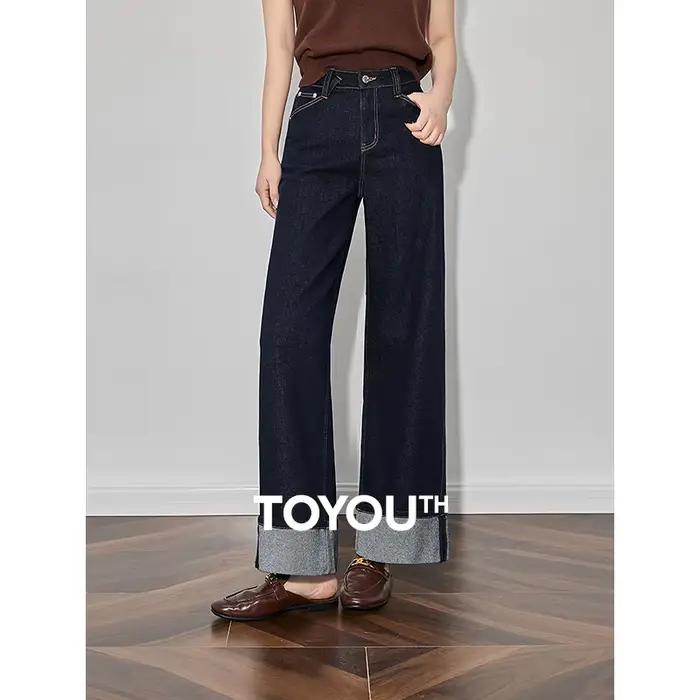 TOYOUTH femmes Denim jean 2025 printemps nouveau à la mode ourlet retroussé droit jambe large pantalon