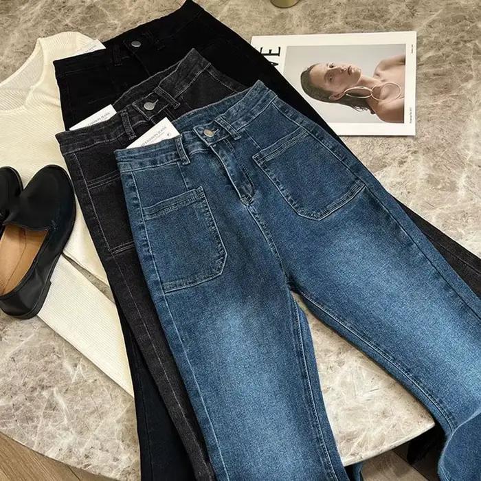 Nouveau Jean délavé taille haute pour femmes poches de Style coréen pantalon évasé en Denim mince dames Vintage Stretch