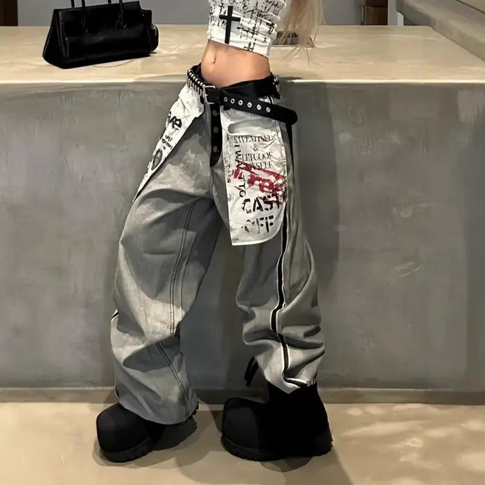 Jeans vintage à jambes larges style décontracté pour femmes occasions spéciales imprimé sur la poche tendance hip-hop