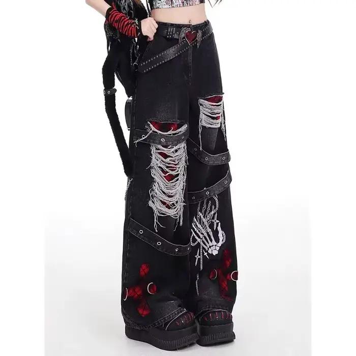 Style américain épicé fille lâche paresseux et détendu denim pantalon femme punk rétro lavé à la mode polyvalent pantalons décontractés