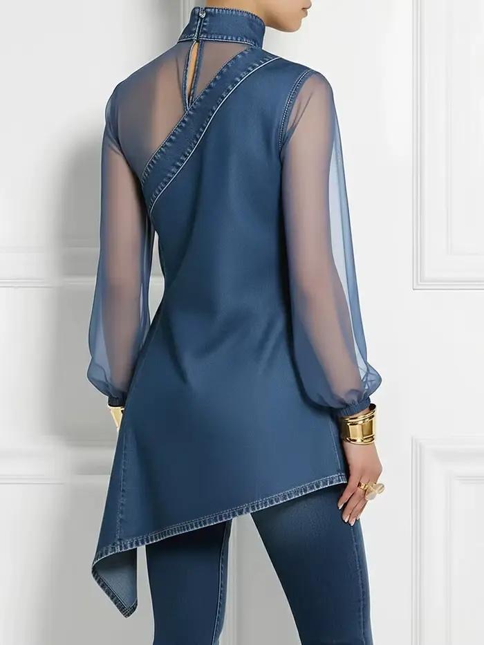 Chemisier asymétrique en jean pour femme avec manches longues en maille transparente col montant ourlet irrégulier haut tendance printemps été haute street
