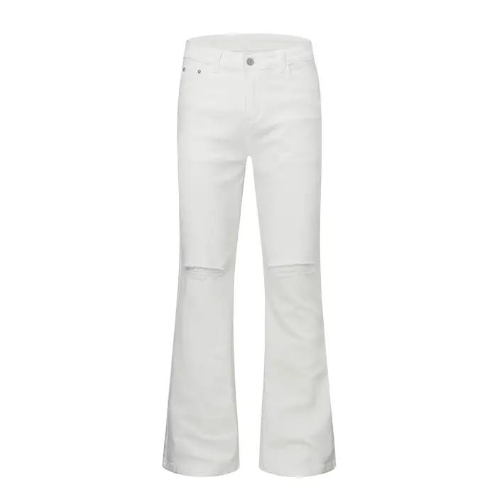 Jeans évasés Urban Street en coton et élasthanne, blanc, noir, coupe cintrée, style high street pour hommes, quatre saisons, lavage en détresse