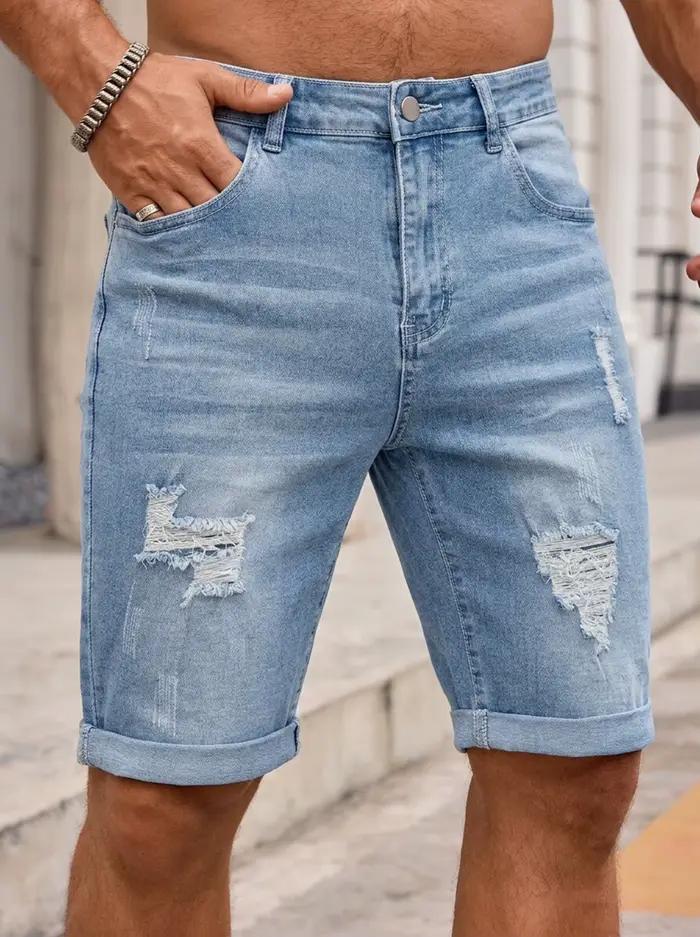Shorts en jean déchirés bleu clair pour homme