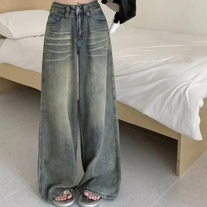 Jeans Y2K ample à la taille haute pour femmes style rétro lavage vintage plaid pour occasions spéciales et tous les jours