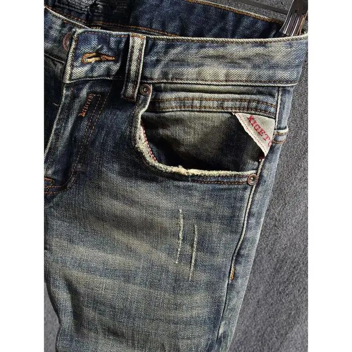 Style italien mode hommes jean rétro bleu élastique coupe ajustée déchiré