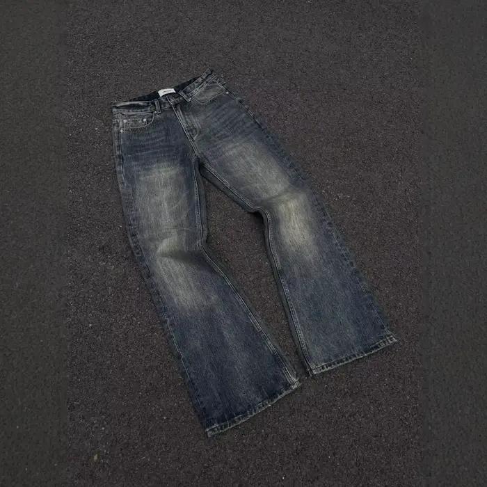 Jean délavé coupe ample bootcut style vintage dégradé coucher de soleil festival japonais en bambou taille haute jambe droite