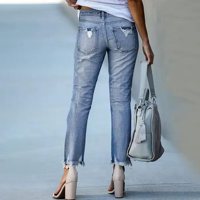 Jean skinny déchiré délavé vintage pour femme pantalon en denim mince été skinny coupe droite haute couture mode années 80