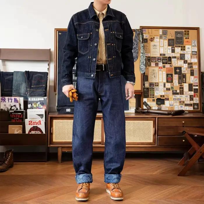 Jeans WUBIN édition limitée en denim indigo naturel et rouge tornade pour homme, élégant et durable, pour toutes les occasions