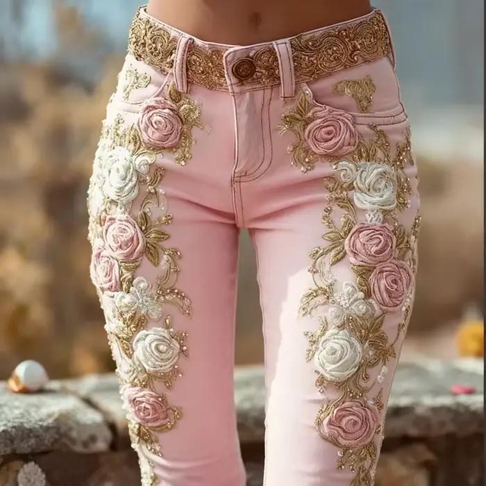Pantalon Jean romantique imprimé fleur Rose vintage élégant pour femmes décontracté chic Harajuku automne hiver été