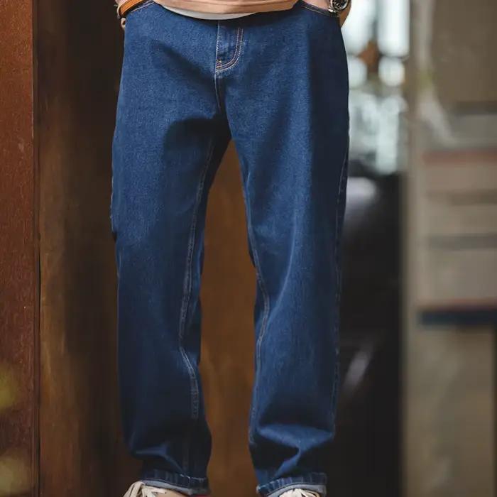 Pantalon droit à jambes larges Maden Jean Délavé Vintage pour homme, coton 97.3%, coupe ample, style décontracté, quatre saisons, quotidien, poches doubles arrière, fermeture éclair, adaptable à toutes les morphologies