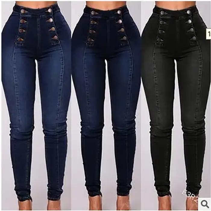 Denim crayon pantalon femmes Vintage jean taille haute lavé Double boutonnage poches basiques cheville longueur