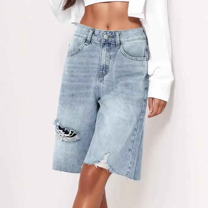 Jeans en denim délavé taille haute vintage pour femme coupe ample style américain rétro à bords effilochés pour l'été occassions spéciales