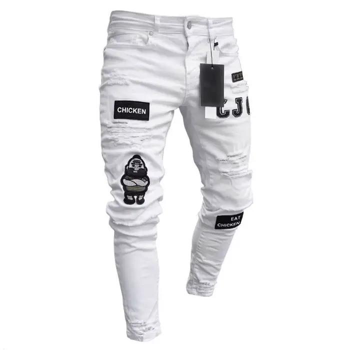 Jean déchiré moulant brodé blanc pour hommes