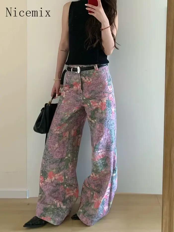 Nicemix américain Streetwear impression complète peinture à l'huile jean Floral fille épicée ample décontracté jambe