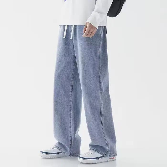 Jean Long Décontracté Coréen Coupe Droite Classique en Denim Jambes Larges Couleurs Unies Hommes Occasions Voyage Style Hip Hop