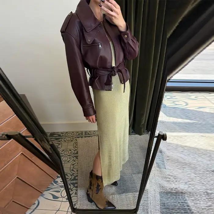 Veste en simili cuir vintage élégante à col haut, manteau court exquis à taille cintrée, vêtements de rue pour femmes toutes les saisons occasions spéciales et mode high street