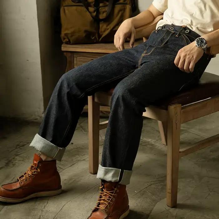 0002B Red Tornado Jean en denim brut indigo non lavé non sanforisé taille haute 14oz