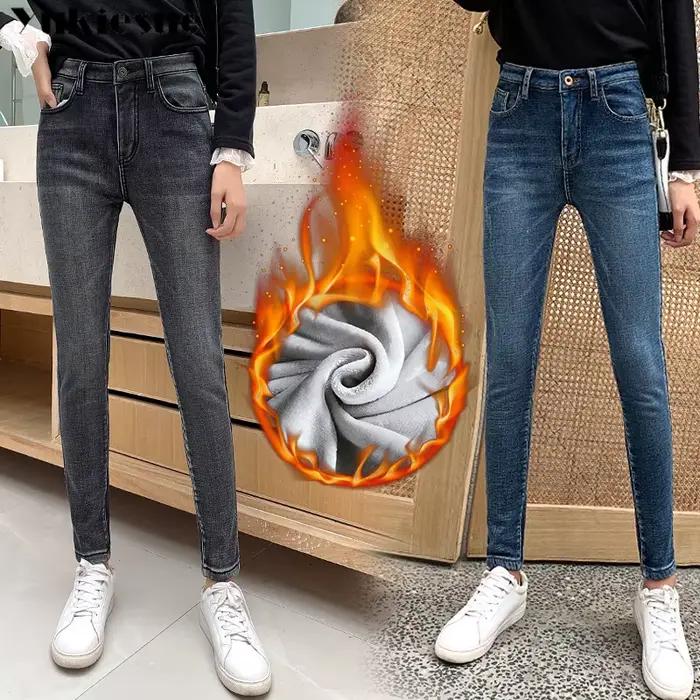 Hiver épais femme velours femmes taille haute jean moulant Simple polaire chaud coupe ajustée Stretch dames décontracté Denim crayon pantalon
