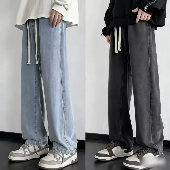 Jean Long Décontracté Coréen Coupe Droite Classique en Denim Jambes Larges Couleurs Unies Hommes Occasions Voyage Style Hip Hop