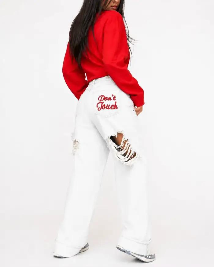 Jean déchiré brodé Hip Hop « Don't Touch » pour femme