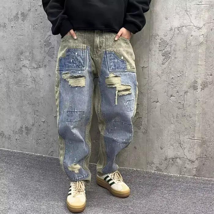 Trashy Y2K 2000S vert bleu Patchwork déchiré jean conique pantalon pour hommes 90S Vintage vêtements Denim