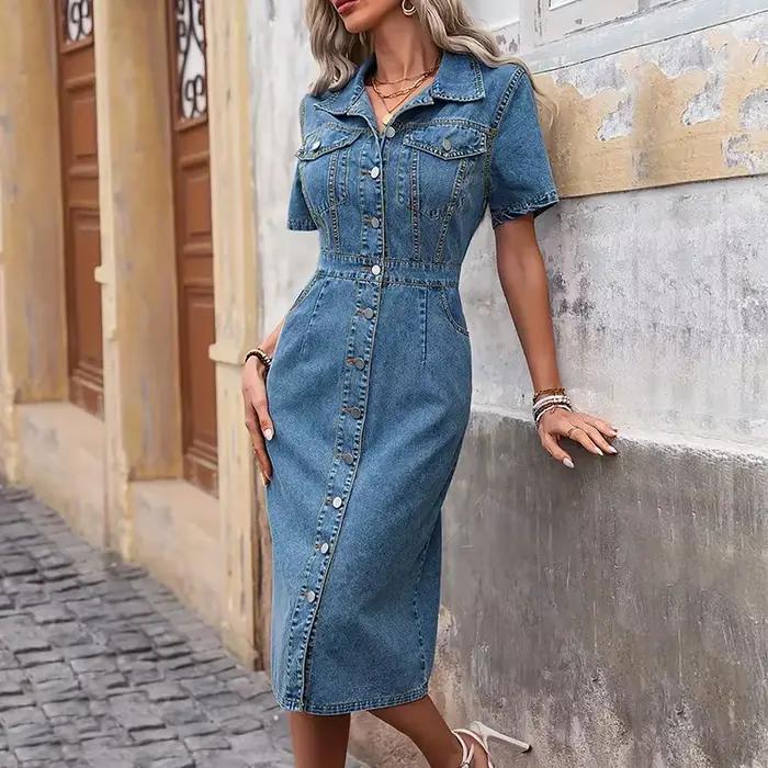 Benuynffy grande taille Vintage simple boutonnage lavé Denim robe femmes été col rabattu manches courtes décontracté robes mi-longues