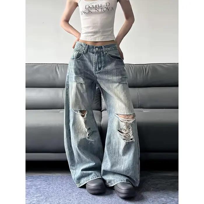 Jean bleu déchiré taille haute baggy pour femmes style streetwear vintage Y2K été 2025 coton polyester jambes larges occassions spéciales confortable élégant à offrir