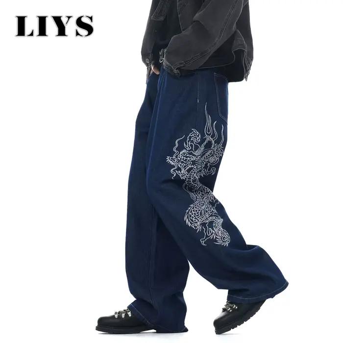 LIYS Nouveau Jean Baggy Bleu Brodé Dragon pour Homme