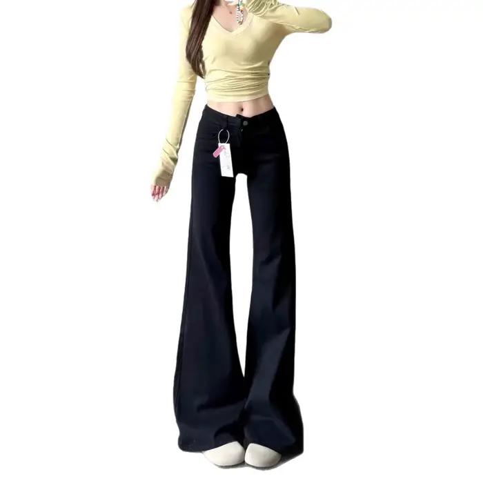 Jean évasé taille basse pour femme, style Hong Kong, polyvalent, amincissant, coupe cloche, élégant pour le quotidien, en coton mixte, pour toutes les saisons