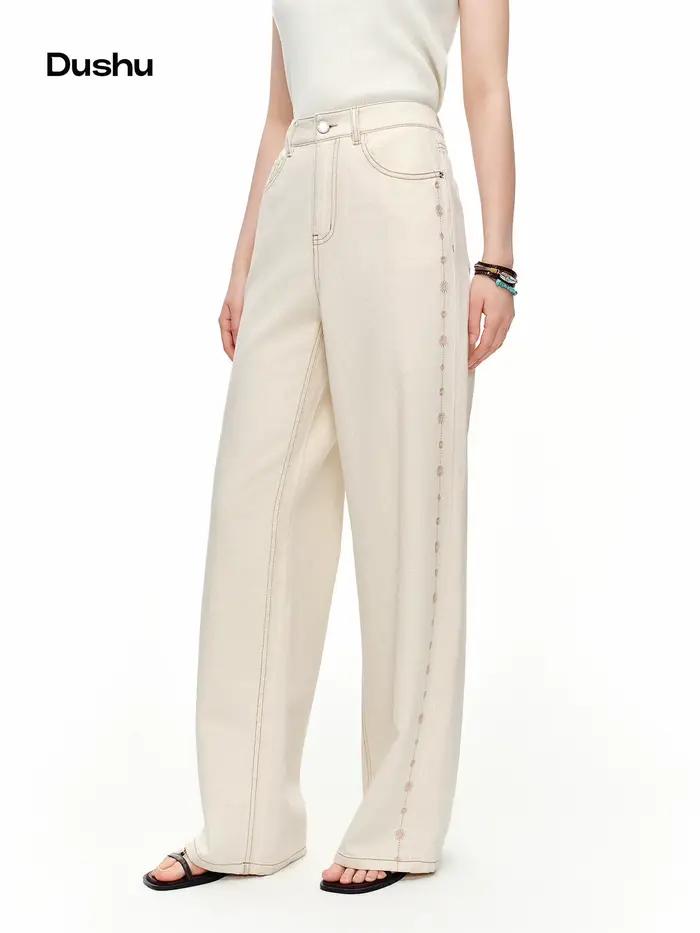 DUSHU 2024 – Jean droit brodé en mélange de lin blanc pour femme – Pantalon élégant et décontracté pour le quotidien et l'été