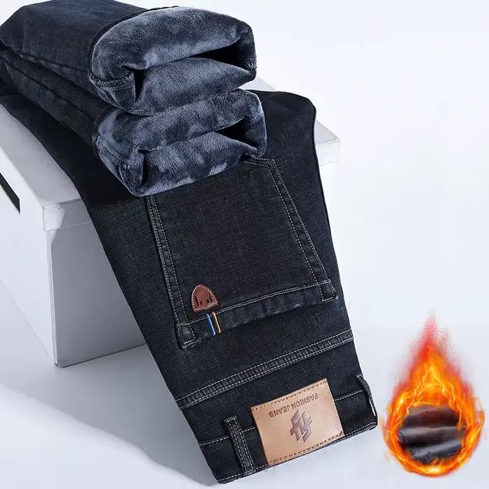 Hiver chaud polaire jean hommes épais thermique décontracté droit Denim pantalon mâle travail d'affaires Stretch