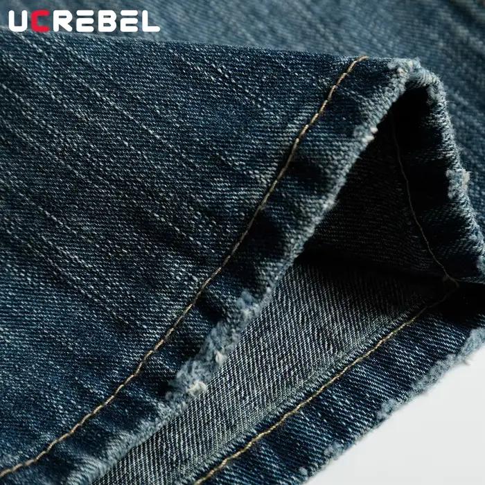 Rivets rétro jean hommes haute rue poche ample lavé en détresse jambe droite