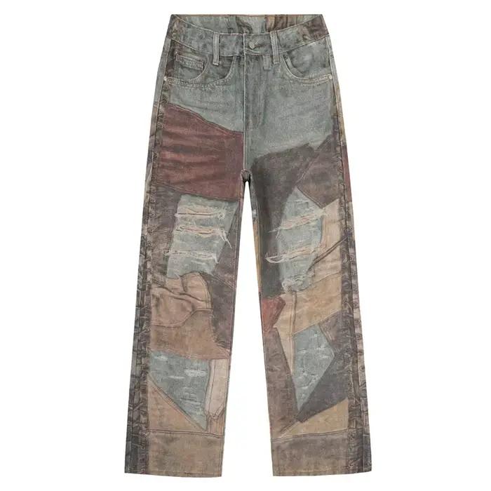 Jeans patchwork imprimé homme style high street loose straight denim pour printemps automne ocassions décontractées