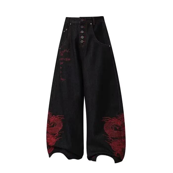Nouveau Jean Baggy Brodé Dragon Rouge 2026 pour Hommes – Style Y2K Streetwear Punk