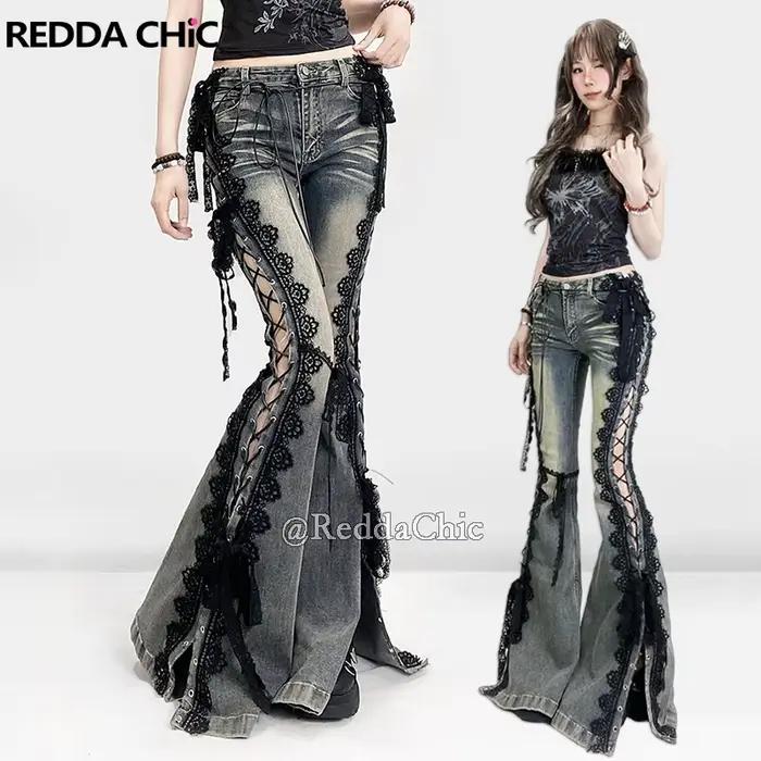 Jeans évasés à lacets avec dentelle rétro et œillets fins, taille basse, style streetwear pour femmes, occasionnels et spéciaux