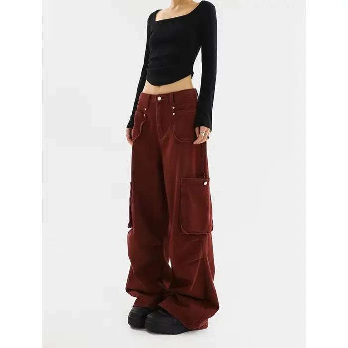 Jean rouge taille haute pour femme pantalon cargo jambe large streetwear vintage mode hip-hop baggy Y2K occasionnels spéciaux