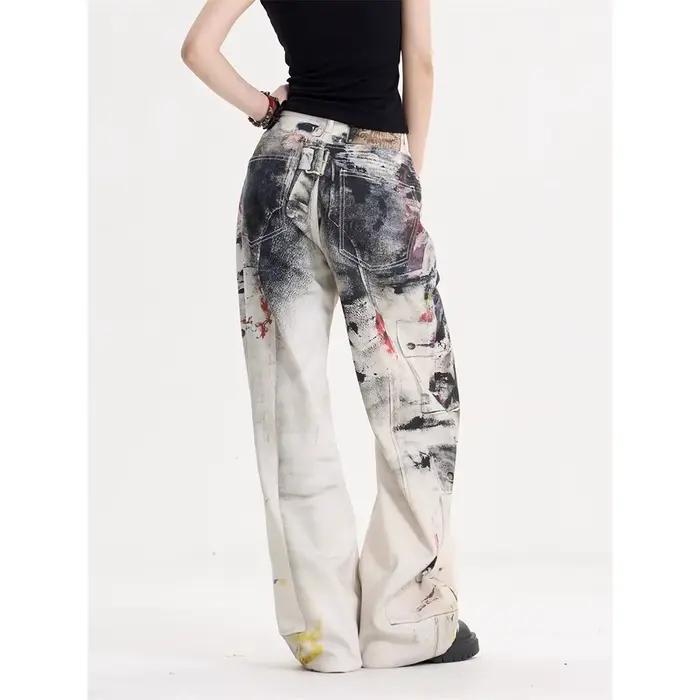 Jean imprimé à la mode, pantalon de nettoyage en denim avec graffiti rétro, style coréen ample hip hop jambes larges polyester 2025