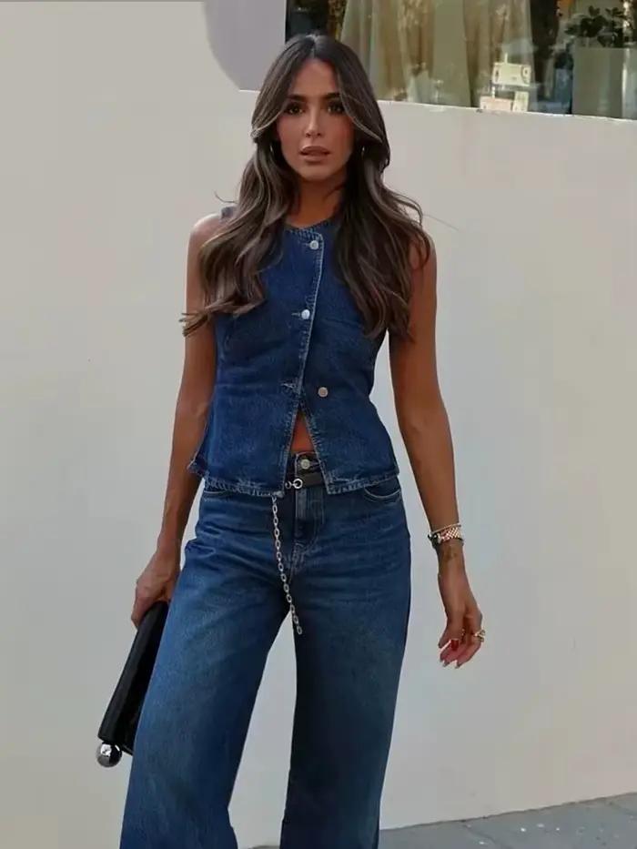 Gilet femme décontracté en denim col en V pour bureau et streetwear toutes saisons polyvalent confortable et élégant à offrir
