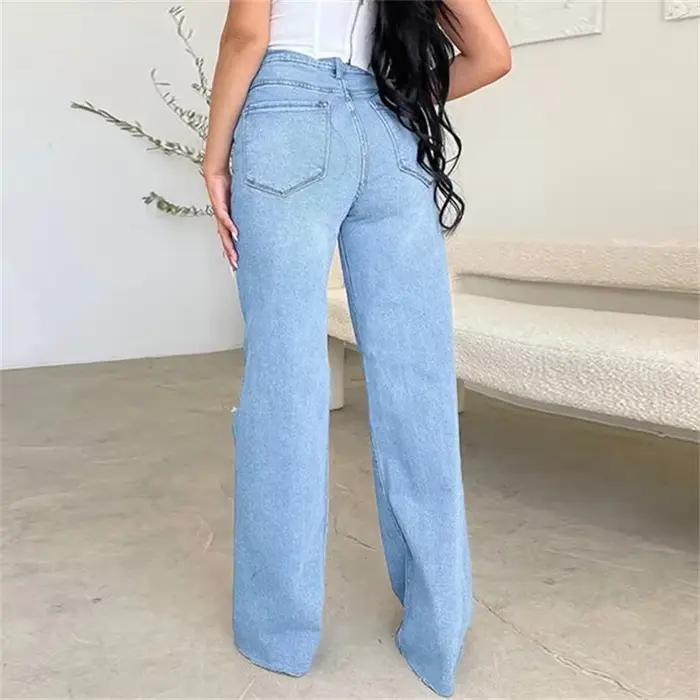 Jean droit taille haute pour femme avec trous au genou