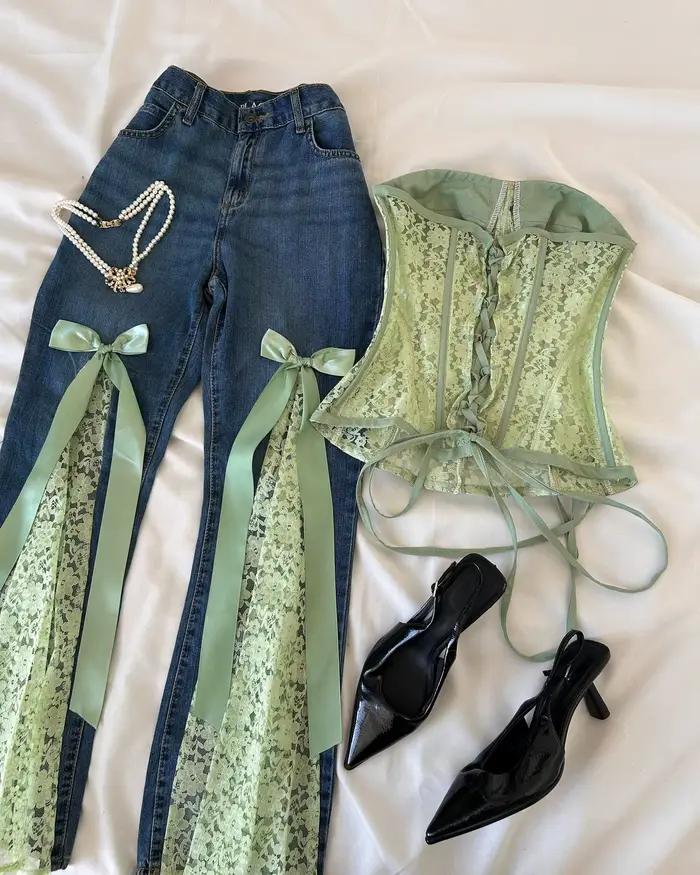 Jean en dentelle bleu menthe foncé style American Sweetheart Y2K Harajuku avec nœud décoratif