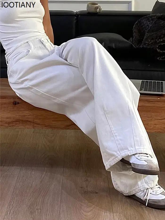 2025 jean ample mode femmes taille haute poche blanc couleur unie rétro jambe large
