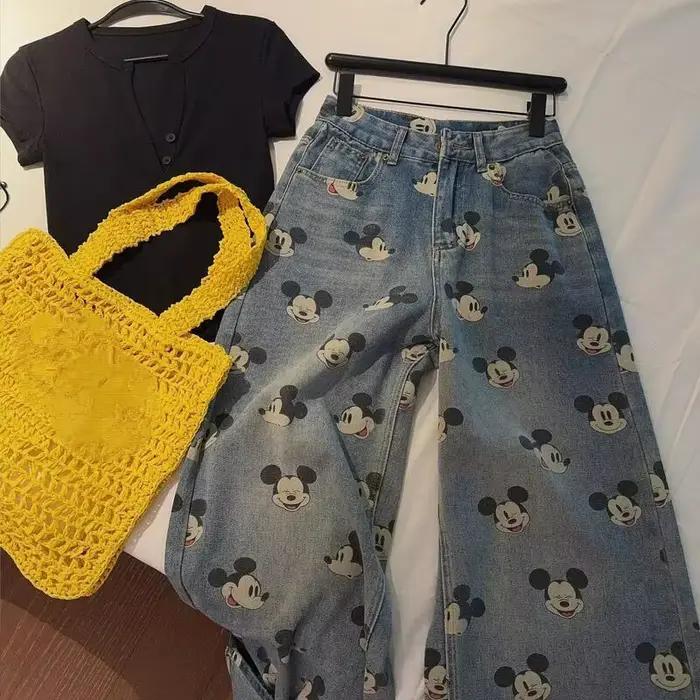 Jeans pour filles de style rétro américain Pantalon ample décontracté pour l'automne printemps impression de dessins animés matériaux coton polyesters adapté aux adolescents occasions sportives cadeaux