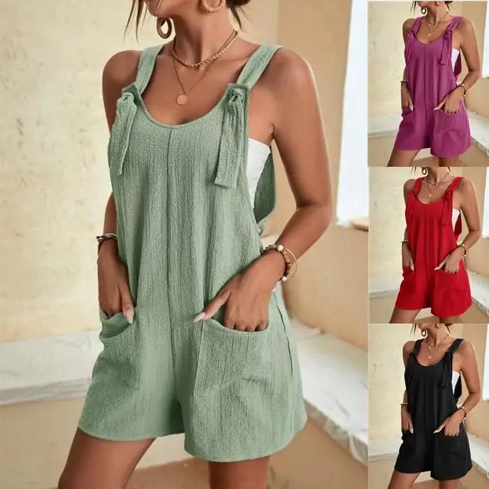 Femmes jambes larges salopette décontracté sangle réglable sans manches Double poche combinaisons Sexy ample basique quotidien barboteuses OUFY-308