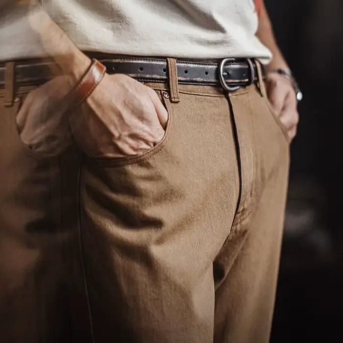 Maden Vintage Jean marron délavé pour homme Pantalon long épais et doux à jambe droite avec fermeture éclair pour le printemps et l'automne