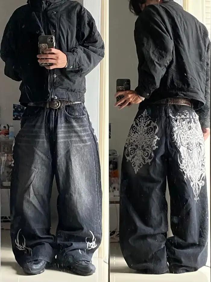 Jeans baggy noirs à imprimé vintage