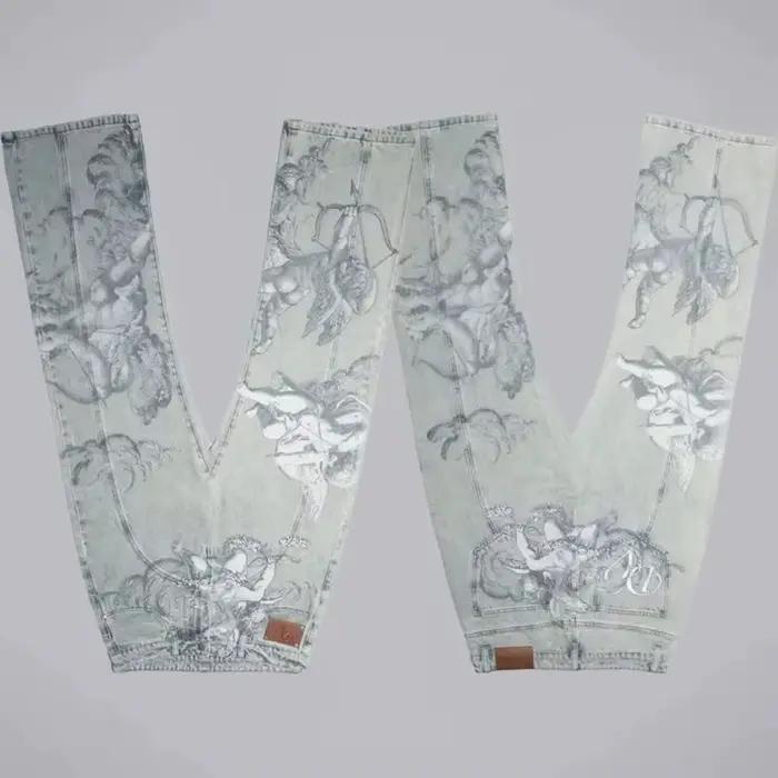 Nouveau Jean Droit Rétro Tendance Motif Ange Cupidon Y2K Délavé Style Américain Urbain Décontracté Coupe Droite Ample Unisexe