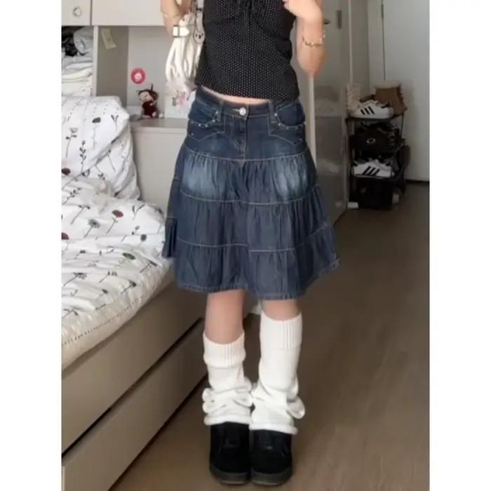 Femmes Denim jupes ample a-ligne taille haute Jupe mode été coréen Saia 2025 Faldas Mujer De Moda Vintage décontracté